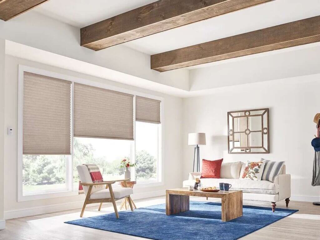 Graber Cellular Shades with Motorized Lift installed in the living room