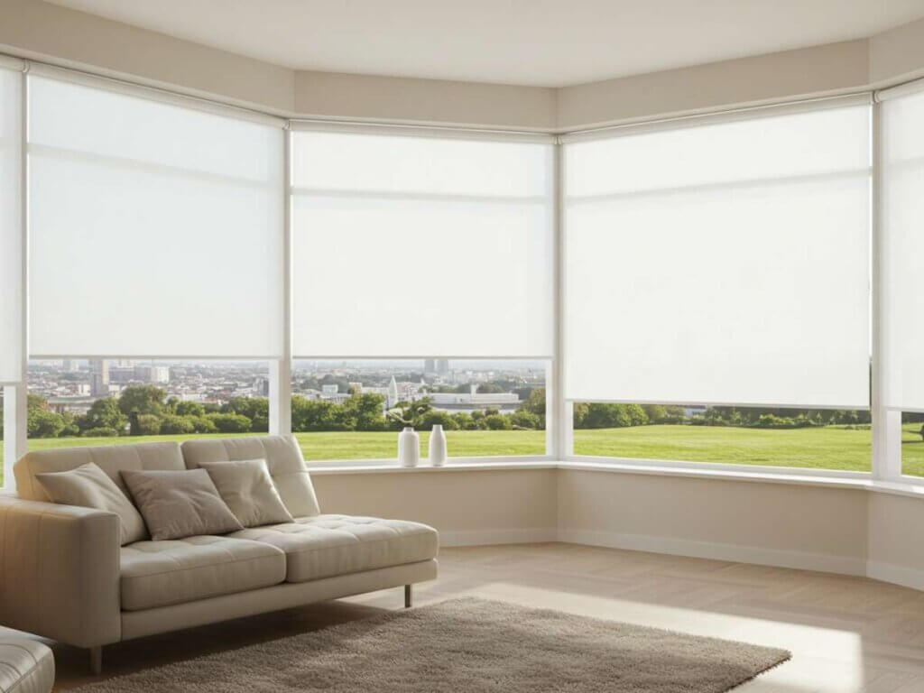 Roller shades are highly versatile and can be customized to fit angled, curved, or box bay windows.