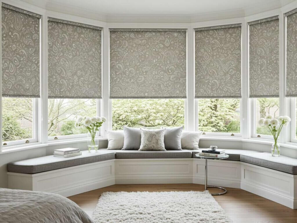 Roller shades are a versatile and practical choice for bay windows. Their sleek design allows for a clean, modern look while providing various levels of light filtering, privacy, and insulation.