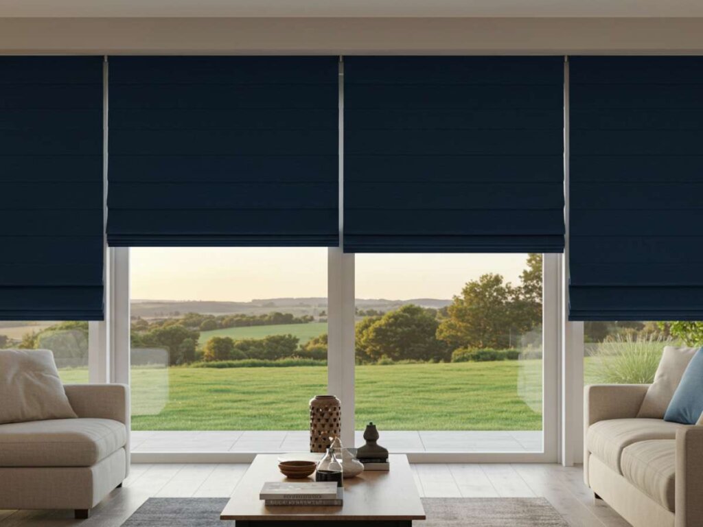 Roman Shades on Sliding Doors in a living room