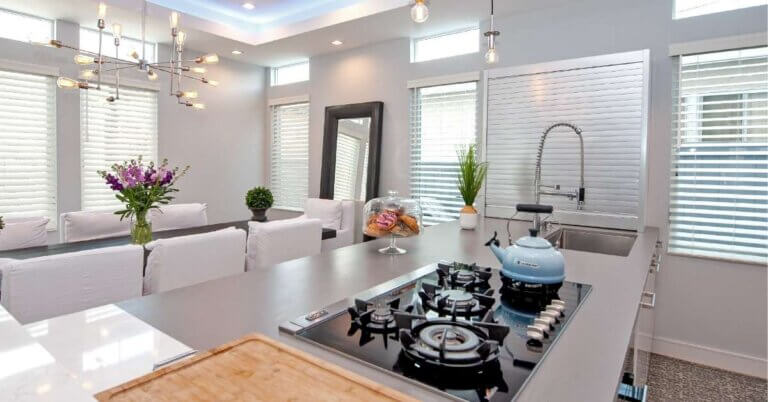 Norman Faux Wood Blinds in Kitchen and Dining Area