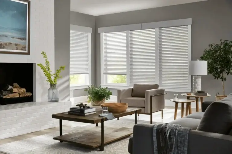 Wood Blinds in corner windows of a living room