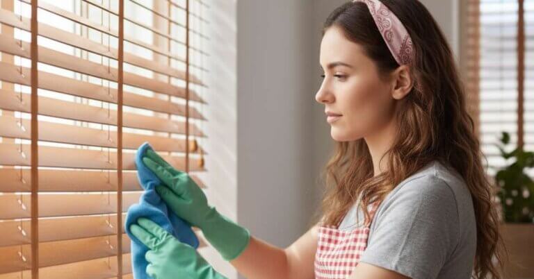 Person Cleaning Wood Blinds with a Microfiber Cloth