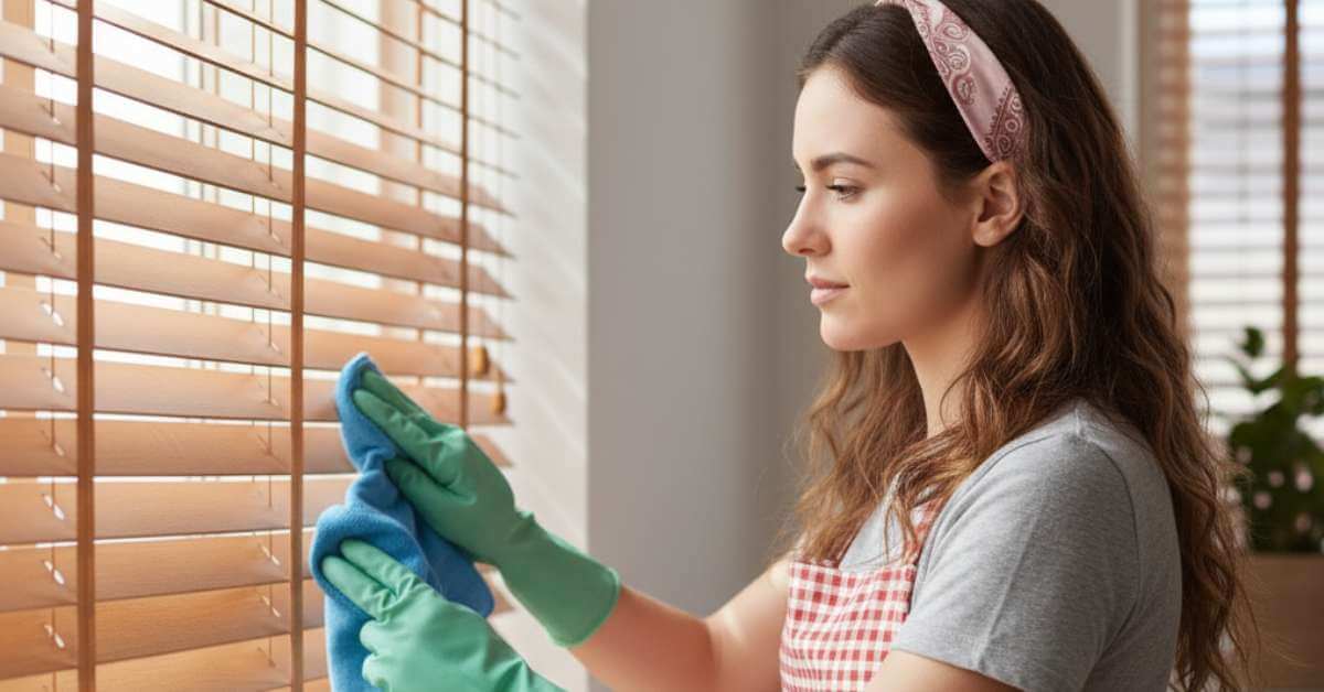 Person Cleaning Wood Blinds with a Microfiber Cloth