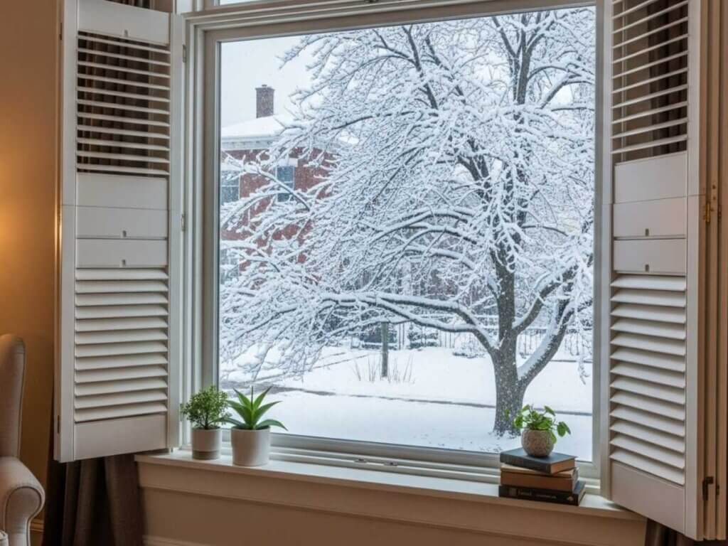 Plantation shutters bring timeless appeal and built-in insulation to any room. Their solid structure and tight frame seal form an effective cold-weather barrier, helping maintain warmth throughout your home.