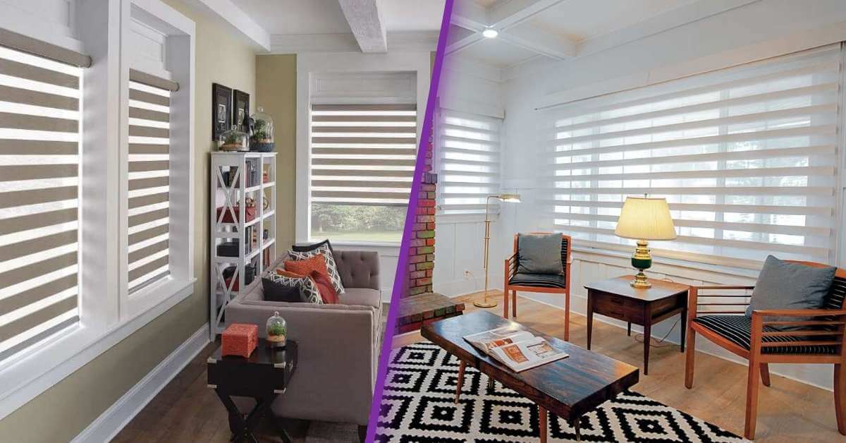 A Side-by-side comparison of layered and sheer shades both in living room setting