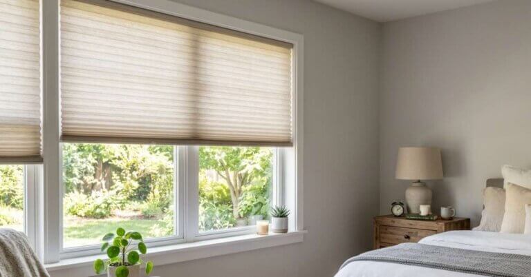 This is a picture of a cordless pleated shades in a bedroom