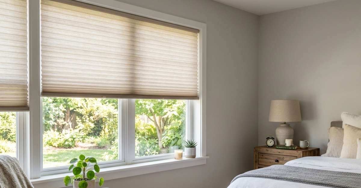 This is a picture of a cordless pleated shades in a bedroom