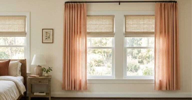 This is a picture of a roman shade layered with a curtain in a bedroom