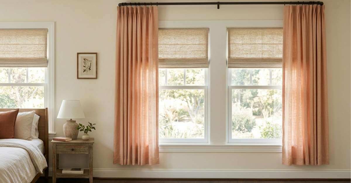 This is a picture of a roman shade layered with a curtain in a bedroom