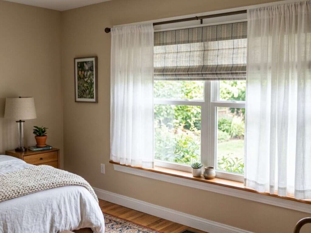 This is a picture of a roman shade layered with a curtain in a bedroom
