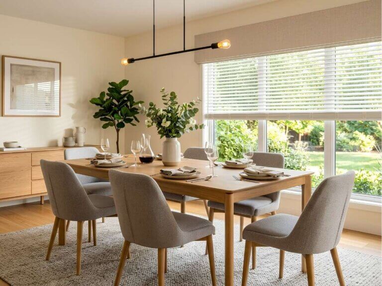 Cordless Faux Wood Blinds in a Cozy Dining Room