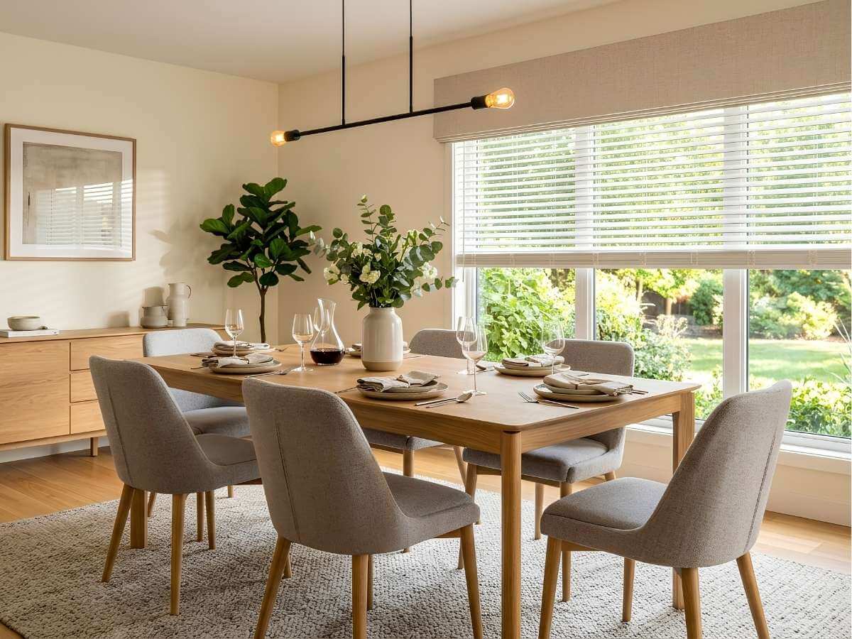 Cordless Faux Wood Blinds in a Cozy Dining Room